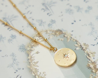 Opal Star Coin Necklace, Gold Celestial Medallion Pendant