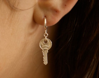 key Earrings dangle drop -gold vermeil-sterling silver 925-small dainty-huggie hoop earrings