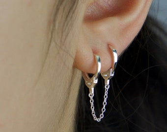 Dainty handcuff earrings, Double piercing, huggie hoop Earring, hoop chain earrings, double hoop earring, chain earrings,sterling silver 925