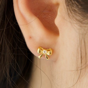 Dainty Bow Tie Stud Earrings, Tiny Gold vermeil Bowknot studs, bridesmaid Wedding gift, Sterling Silver, Friendship Best Friend Gift