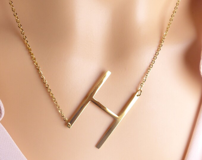 Large Capital Letter H Necklace Gold Initial Necklace Etsy