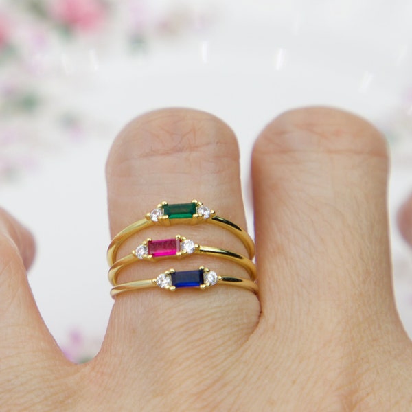 baguette ring solitaire-CZ sapphire ruby emerald-birthstone ring-July May September-band ring-CZ paved-gold vermeil-engagement ring gift