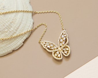 CZ Baguette Butterfly Necklace, Gold Vermeil Sterling Silver