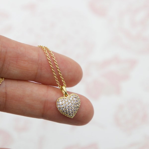 Heart necklace CZ paved dome heart necklace puffed gold heart necklace silver CZ diamond necklace valentines day gift for her birthday gift