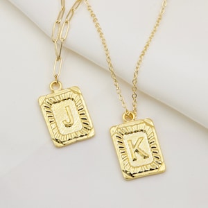 Rectangle medallion letter necklace, Gold Initial Necklace, Vintage Style, Gold Pendant Necklace, capital letter alphabet necklace,