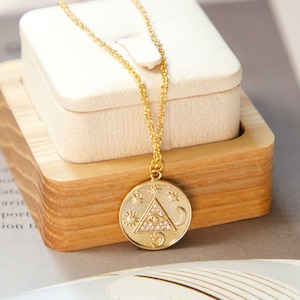 Pyramid triangle evil eye necklace, Handmade Gold Evil Eye Coin Pendant, Symbol of Protection, Good Luck, Celestial, Gift for Best Friend