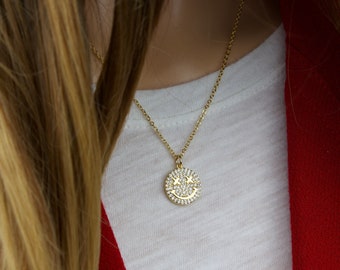 CZ Smiley Face Necklace, Gold Plated Emoji Pendant