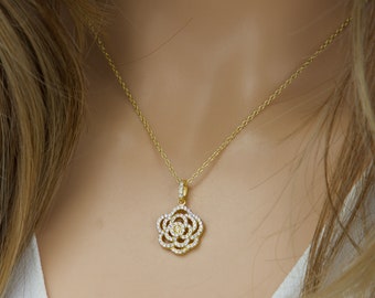 CZ Camellia Flower Necklace, Gold Vermeil Pendant, Sterling Silver Gift Jewelry