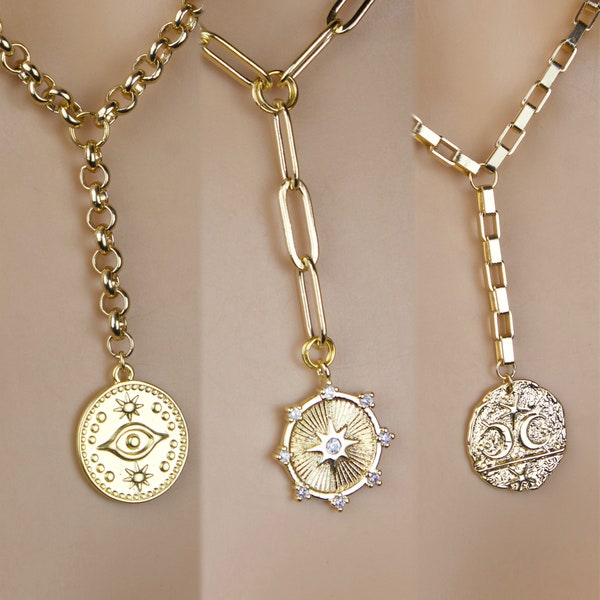 Y necklace, Gold sand dollar medallion coin Y necklace, evil eye Y necklace, starburst Y necklace, link chain Y necklace, paperclip chain