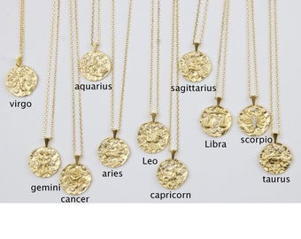 zodiac coin necklace gold-celestial constellation-Aries-Taurus-Gemini-Virgo-Cancer-Libra-Scorpio-Capricorn-mothers day gift-gift for mom