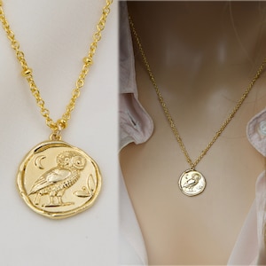 Owl necklace, gold coin owl necklace, Ancient Greek Athena owl coin pendant necklace, wisdom necklace, Christmas gift, Holiday gift for her