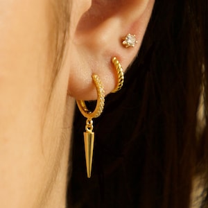 Small Dainty Punk Spike Hoop Earrings, Gold Vermeil, Sterling Silver 925, CZ Paved huggie hoops, punk style jewelry, spike dangle hoops