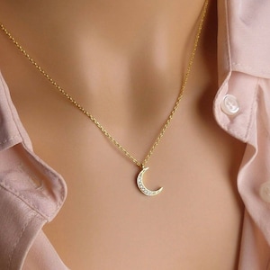 crescent moon Necklace Gold silver rose gold Lunar jewelry gold paved moon necklace Gift ideas for mom, moon jewelry, celestial jewelry