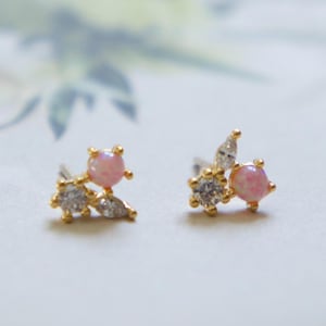 Three stone cluster stud earrings-tiny opal CZ studs-gold-dainty-delicate-white blue pink opal studs-October April birthstone-birthday gift