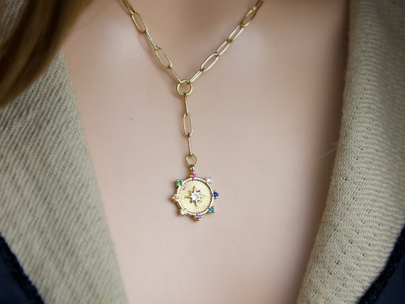 Rainbow CZ Paved Starburst Y Necklace 