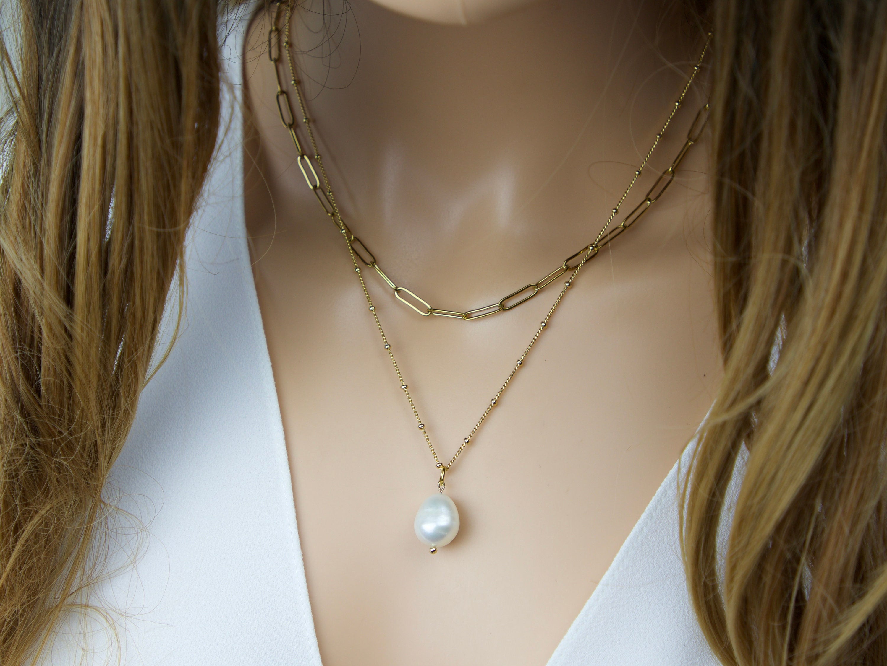Collier Gold Filled Perle D'eau Douce Baroque Et Quartz Rose | Marque ROSEMIMOSA | Neuf Avec étiquettes