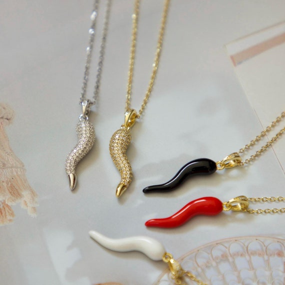 Gold Italian Horn Necklace, Cornicello Horn Charm Silver 925