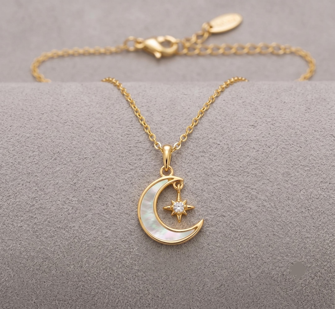 Gold Vermeil Crescent Moon Star Necklace, Mother of Pearl