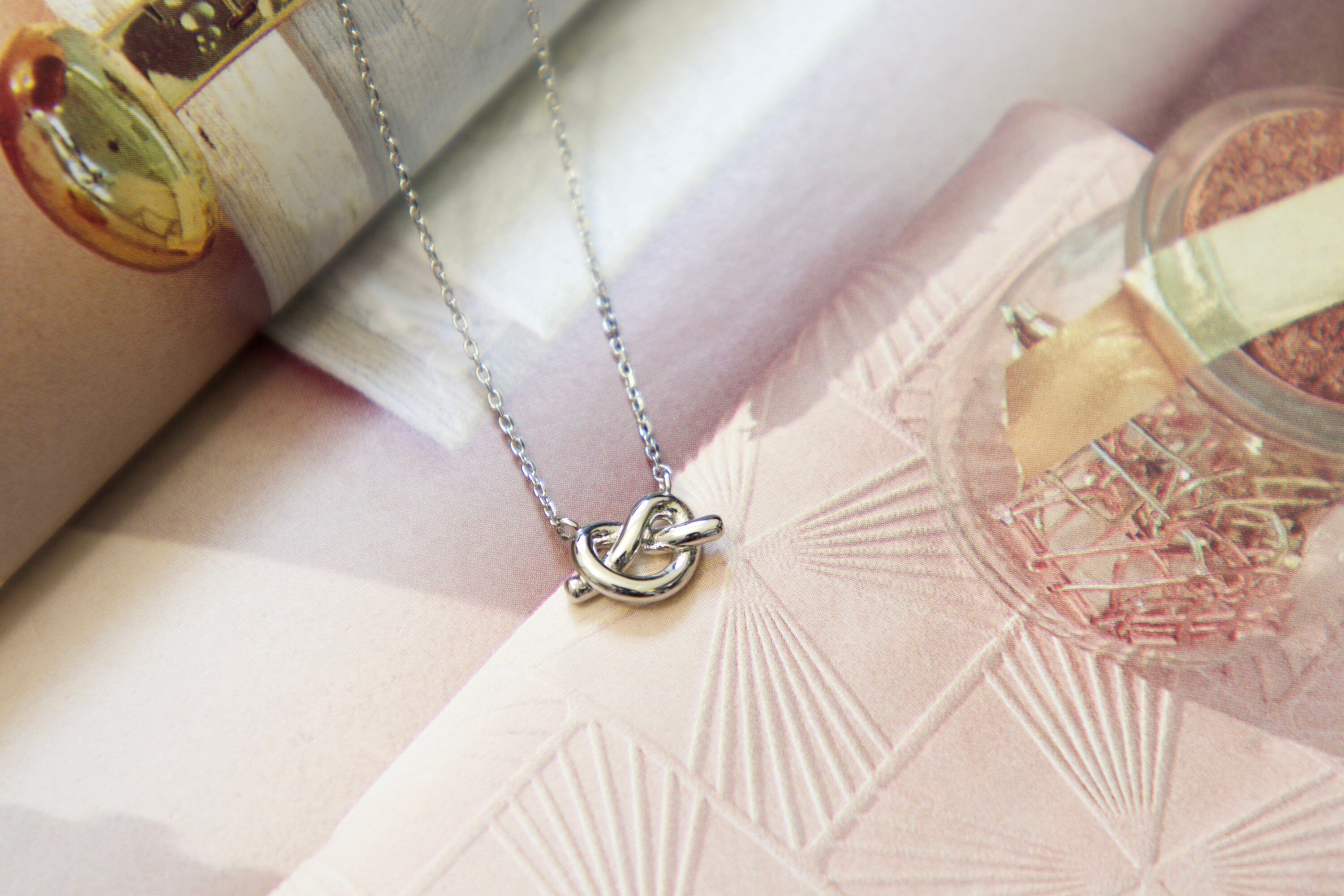 Silver Pretzel Heart Charm Necklace, Minimalist Love Knot