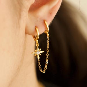 Double piercing earrings with birthstone charm- huggie hoop Earrings-gold chain hoops-double hoop earring-chain earrings-star charm earrings