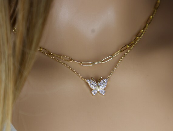 Butterfly Necklace CZ Paved Silver gold Dainty Butterfly Choker
