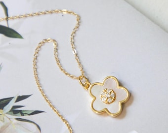 Gold Filled Mother of Pearl Flower Necklace with CZ