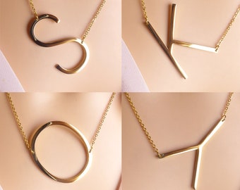 Personalized large sideways initial necklace, big capital letter necklace, gold monogram letter necklace, gift ideas, gold initial necklace,