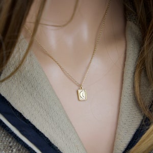 May include: A gold-colored necklace featuring a rectangular pendant with a crescent moon design. The pendant is suspended from a delicate chain. The necklace is displayed against a neutral background, highlighting the jewelry's details.