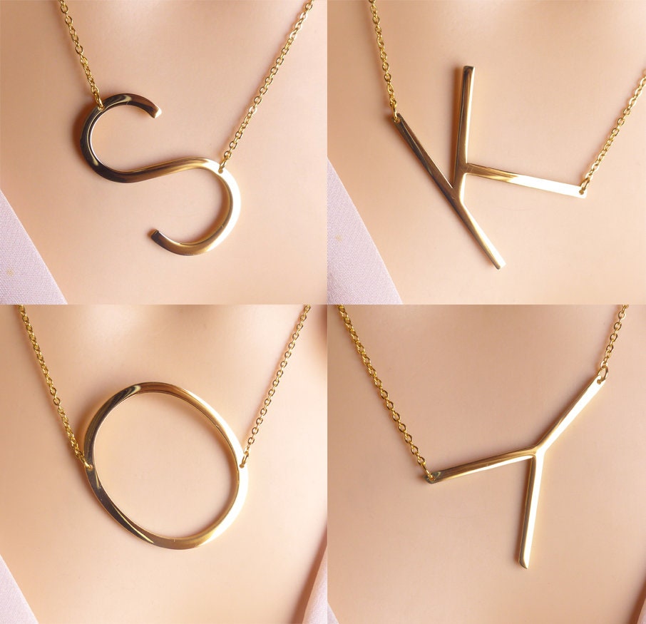 large sideways initial letter necklace, big capital letter alphabet p…