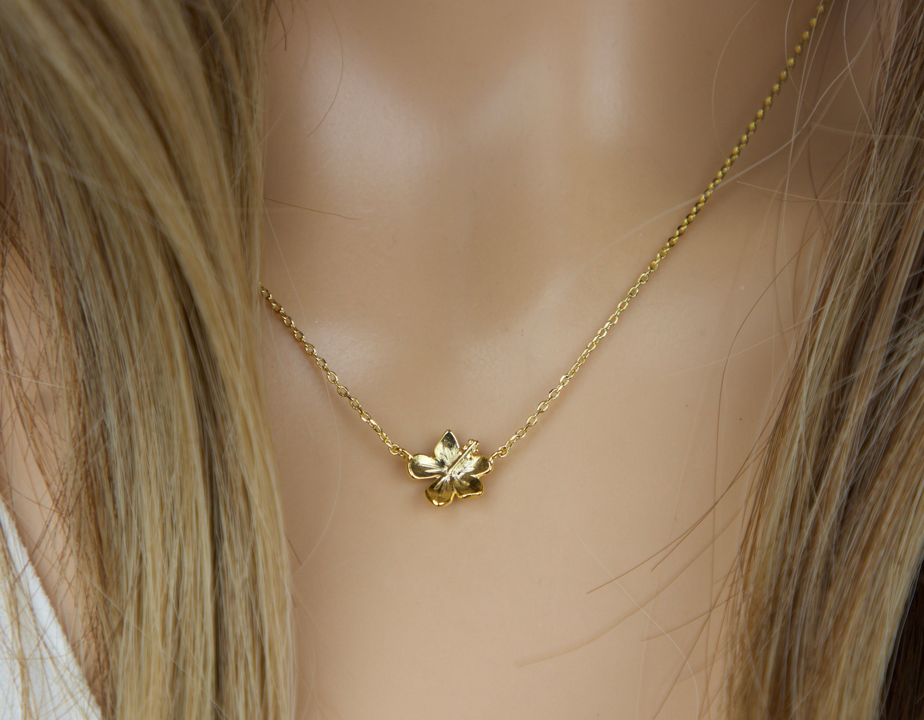 Hawaiian Hibiscus flower necklace gold-dainty flower jewelry-floral necklace-flower pendant-small charm-hawaiian flower stud earrings