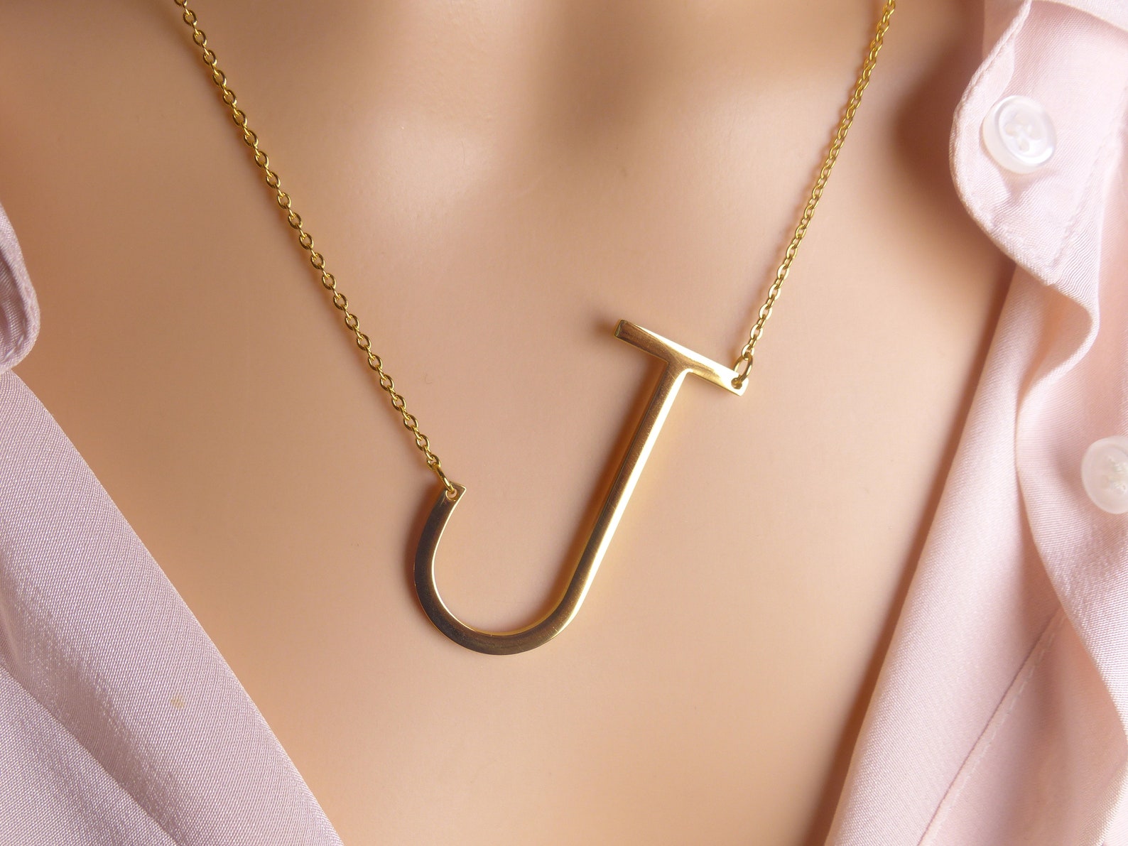 Large Capital Letter J Necklace Gold Initial Necklace Etsy