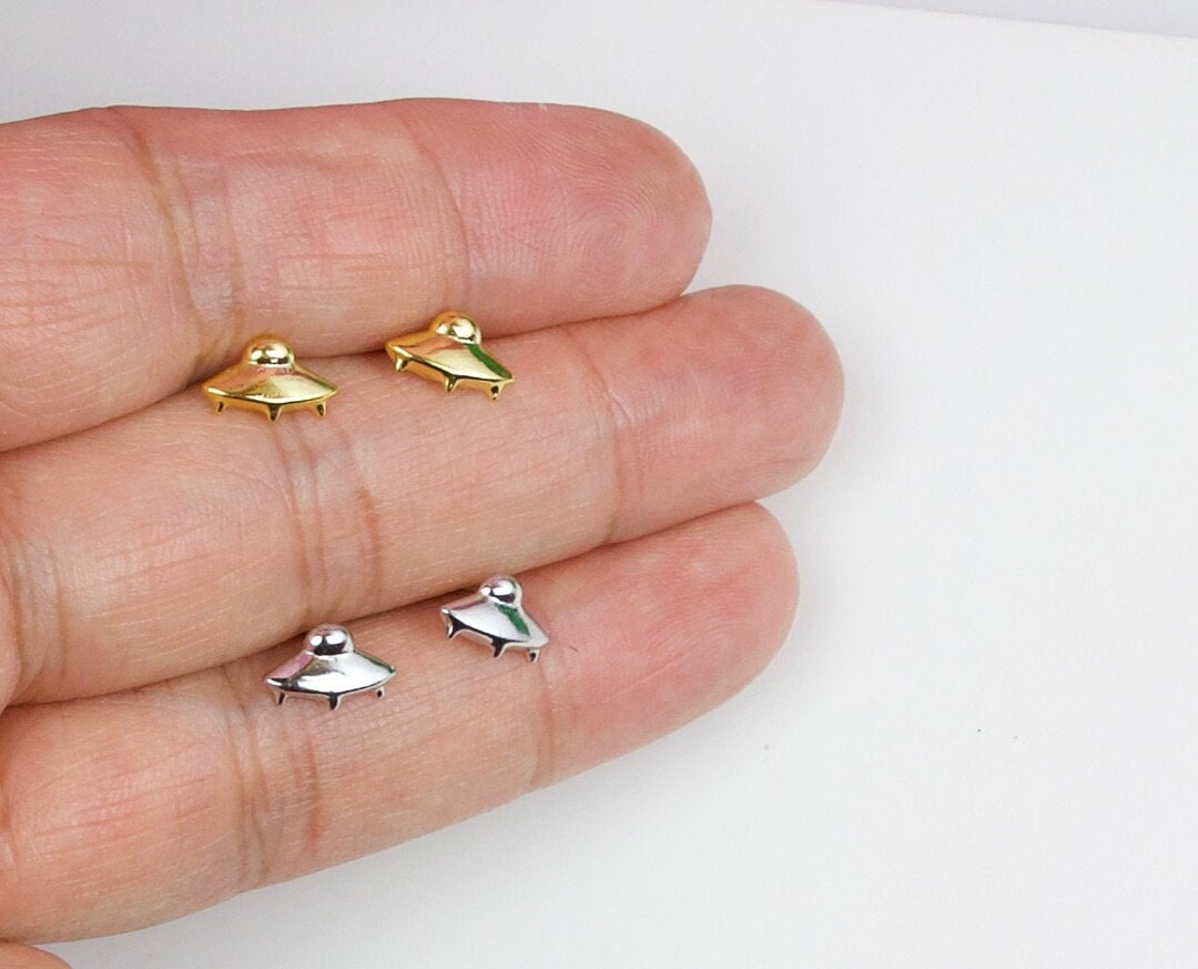UFO Stud Earrings Gold Silver, UFO Necklace, Flying Saucer Necklace