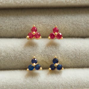 Tiny Three dot stud earrings, Ruby studs, Sapphire studs, trinity earrings, CZ studs, mini 3 stone studs earrings