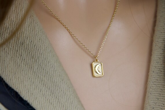 Gold Crescent Moon Necklace, Celestial Jewelry, Dainty Rectangle Pendant Gift