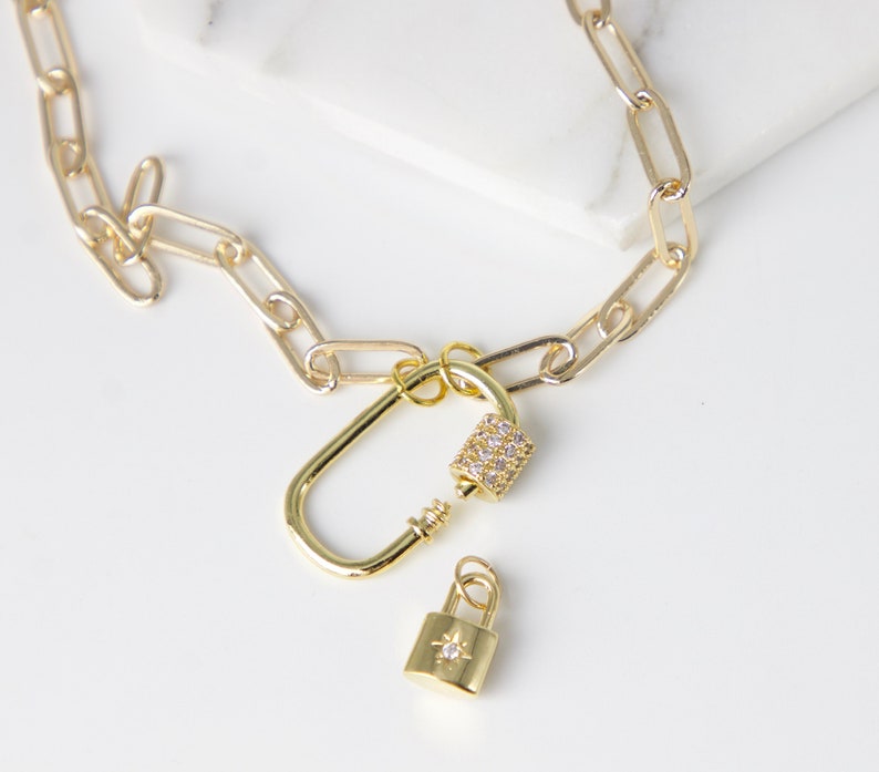 Chunky Gold Link Chain Necklace With Lock Pendant Pavé Cubic Etsy