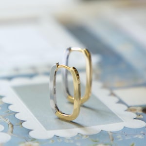 Rectangular Two Tone Hoop Earrings, Silver Gold Mixed Metal Earrings, Minimalist Hoops, Simple Hoops, birthday gift
