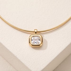 Minimal Snake Chain Choker Necklace Gold CZ Pendant Dainty Cubic Zirconia Charm Jewelry