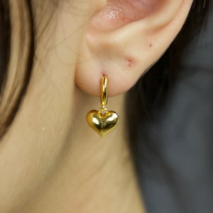 puffy heart charm dangle earrings-gold-huggie hoops-Puffy Heart necklace-toggle-paperclip chain-small heart-dome heart charm-Christmas gifts