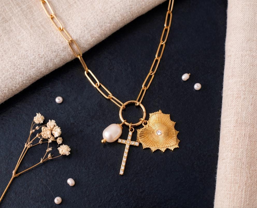 Multi Charm Cross Necklace Gold Paperclip Chain fresh water Pearl…