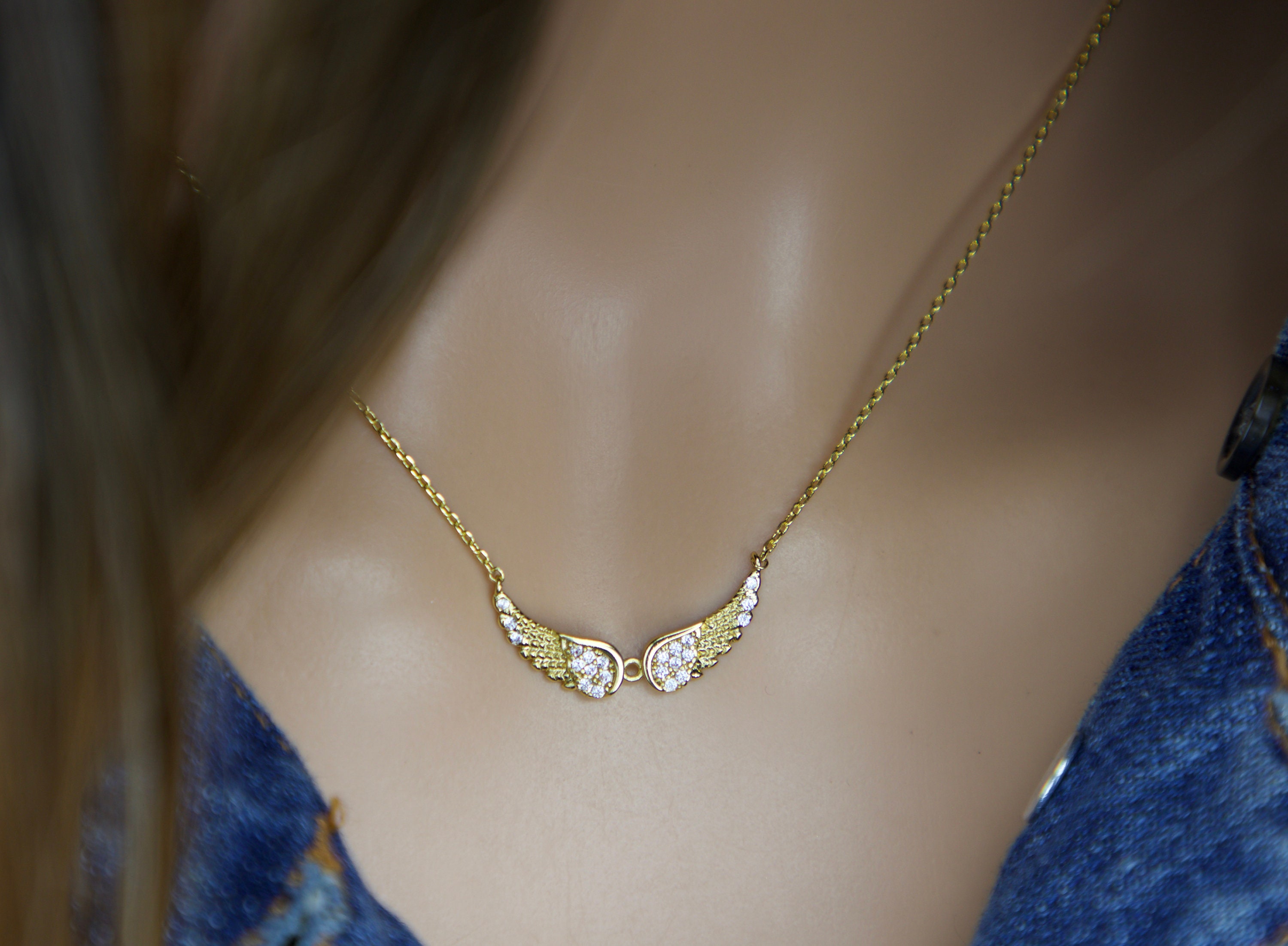 Silver Angel Wing Necklace CZ, Gold Wing Necklace, Mother