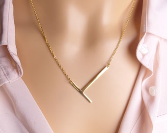 large sideways initial letter necklace, big capital letter alphabet personalized necklace jewelry, gold monogram letter necklace,gift ideas
