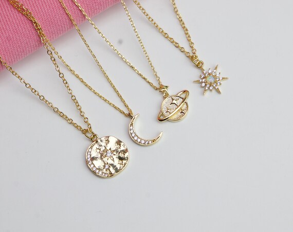 CZ Crescent Moon Necklace Saturn 