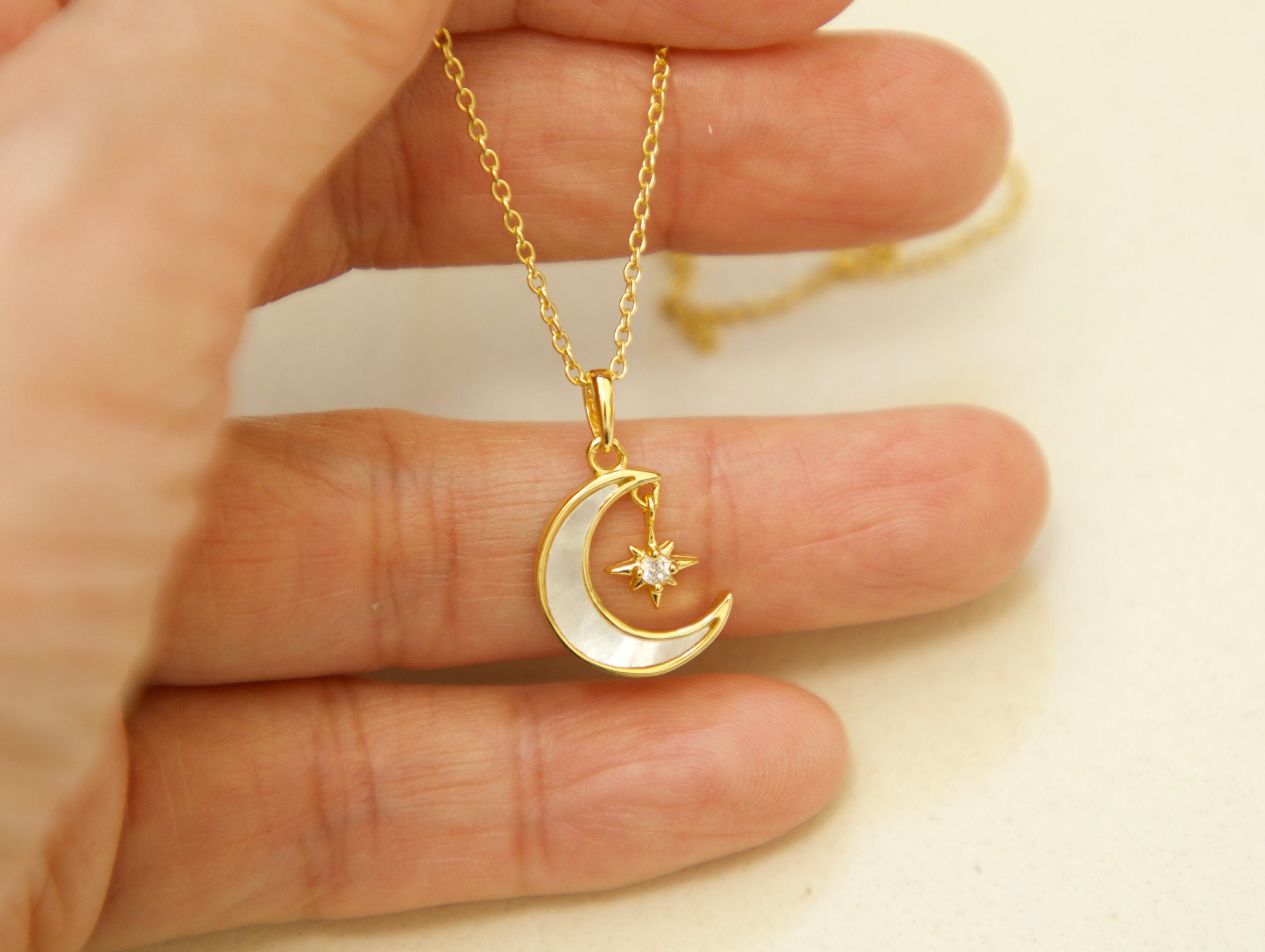 Gold Vermeil Crescent Moon Star Necklace, Mother of Pearl