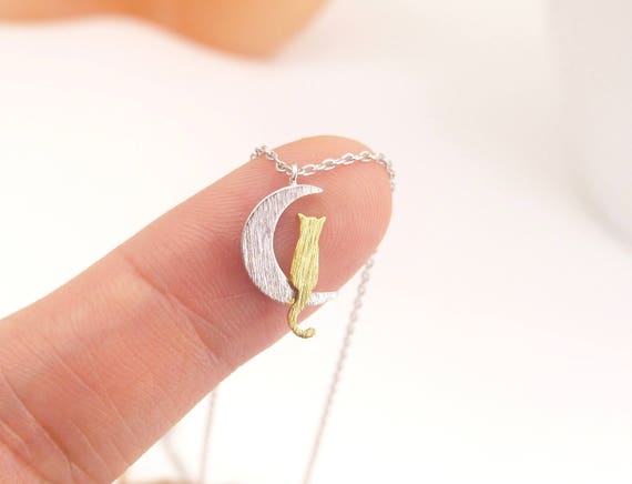 Collana in argento sterling 925 con gatto e luna. Pendente