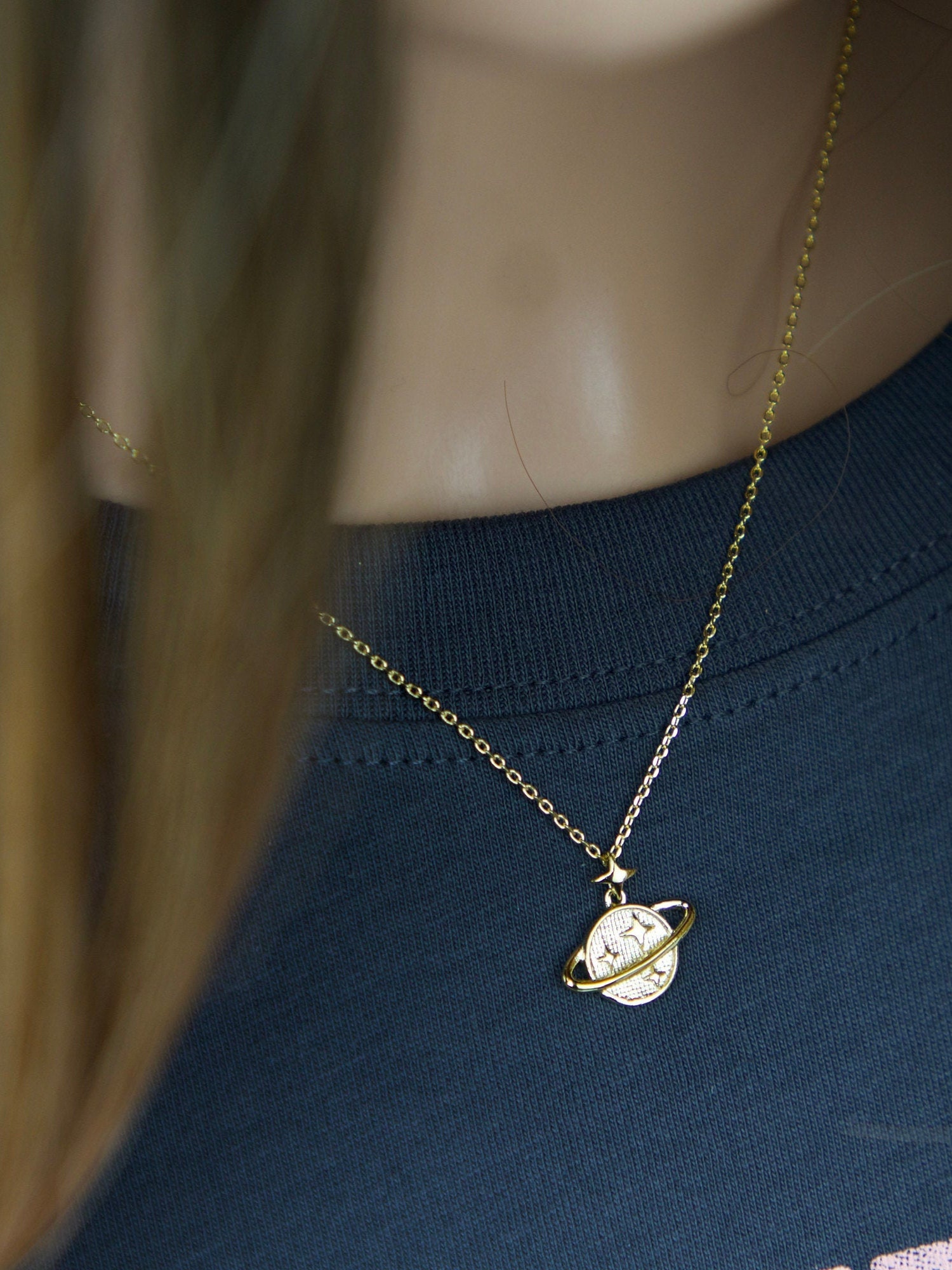 CZ Crescent Moon Necklace Saturn 