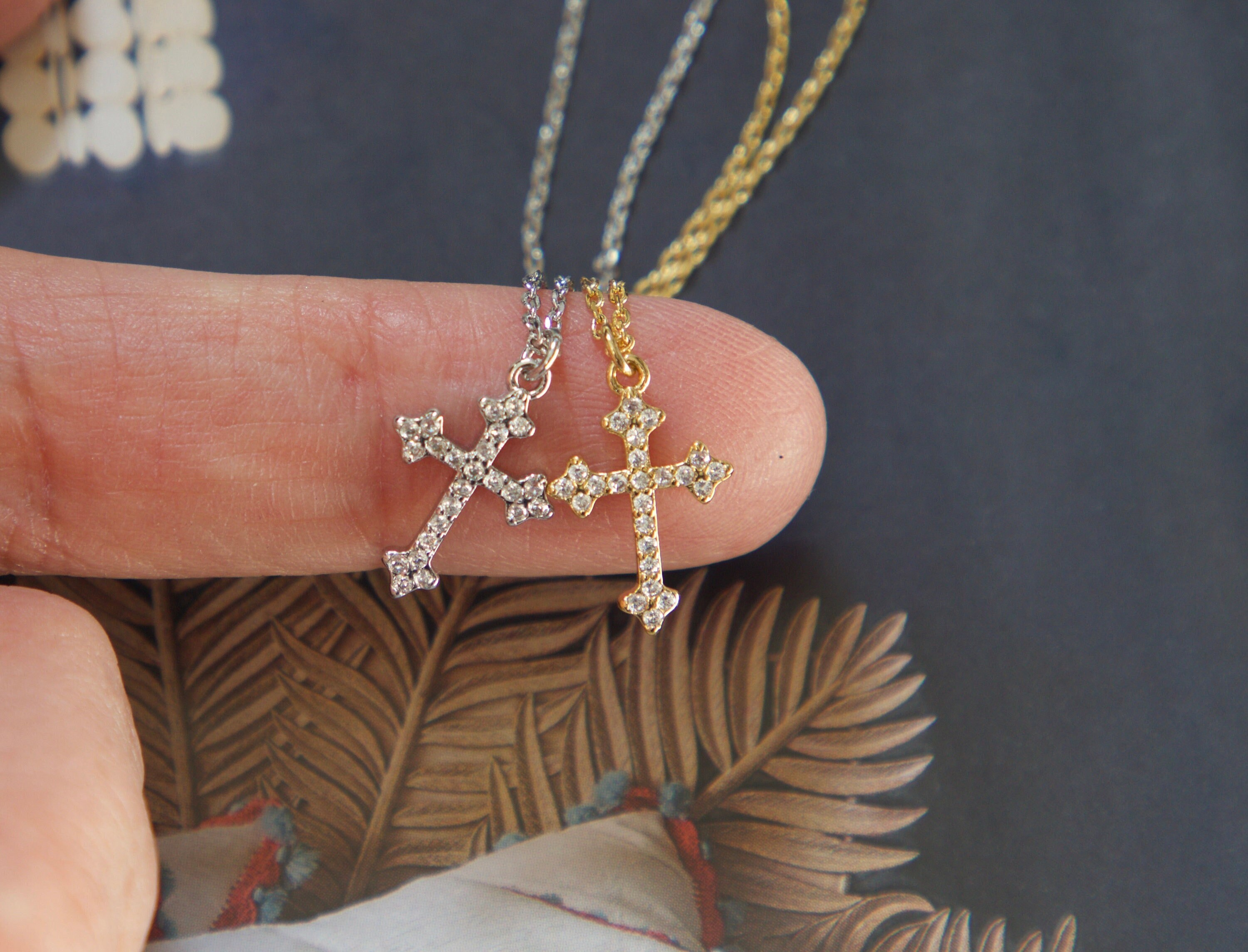 Gold and Silver Cross Necklace for Simple and Elegant Look, dainty CZ diamond, Customizable Length, Perfect Gift Idea, Easter gift
