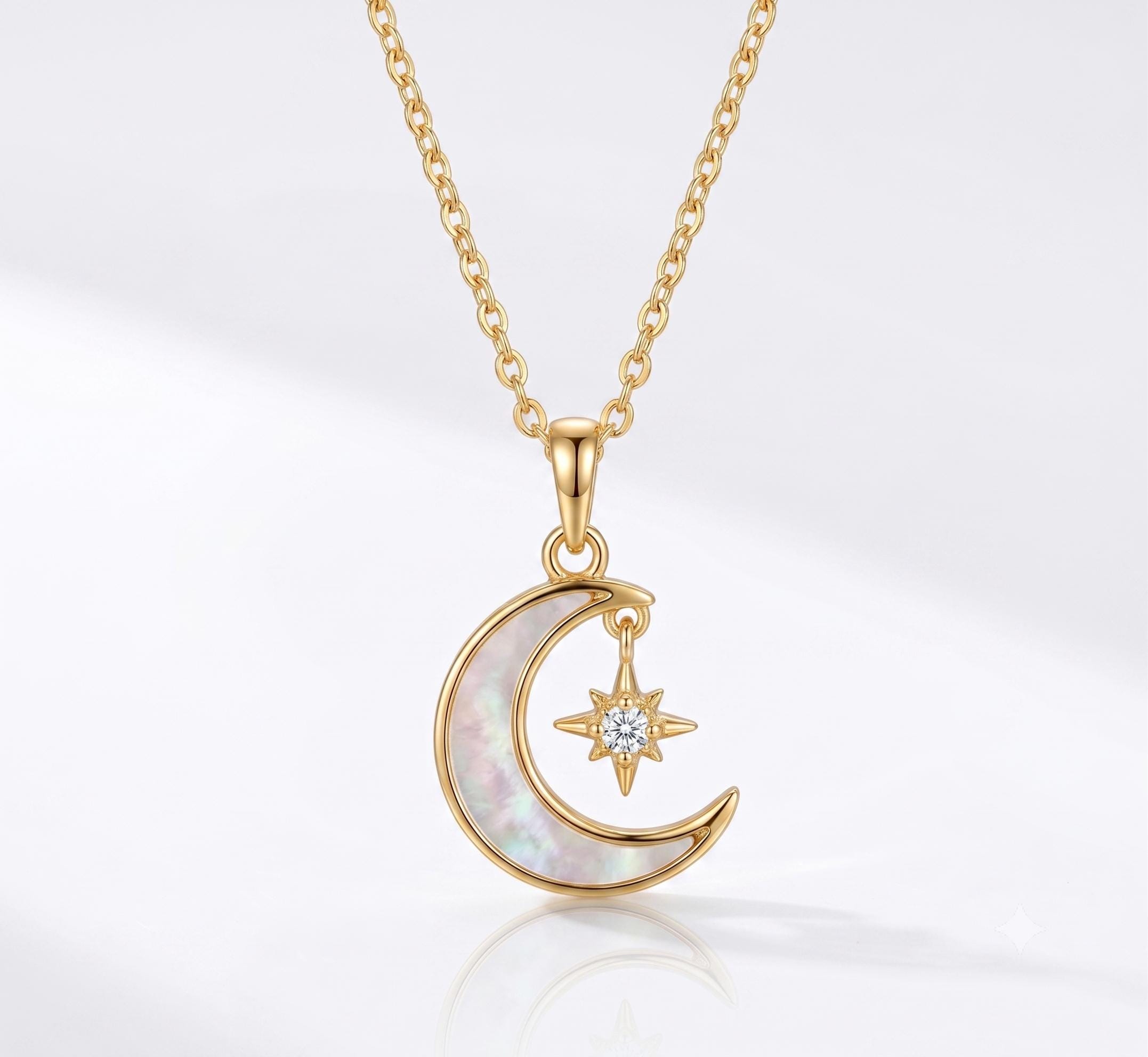 Gold Vermeil Crescent Moon Star Necklace, Mother of Pearl