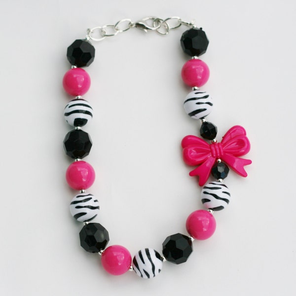 Hot Pink Zebra with Bow Gumball necklace, Girls chunky zebra necklace, girls zebra gumball necklace, hot pink zebra necklace