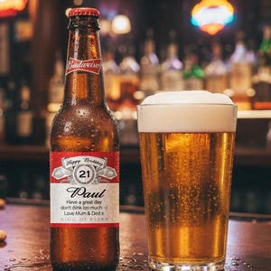 Personalised &#39;Bud&#39; Beer Bottle Label - Add Any Text/Age