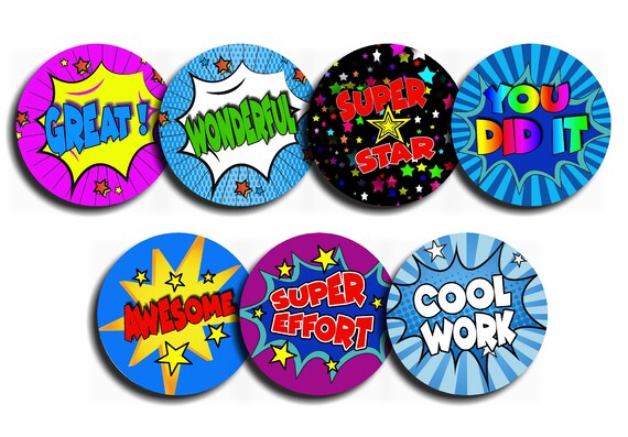 Praise Words 168 Superhero Comic Teacher Reward Stickers 30mm 7 Designs